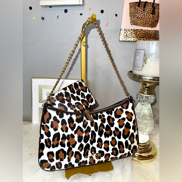 2FER NWOT Kate Spade Pochette Spotted Leopard Shoulder Bag with Gold Chain - Picture 4 of 8